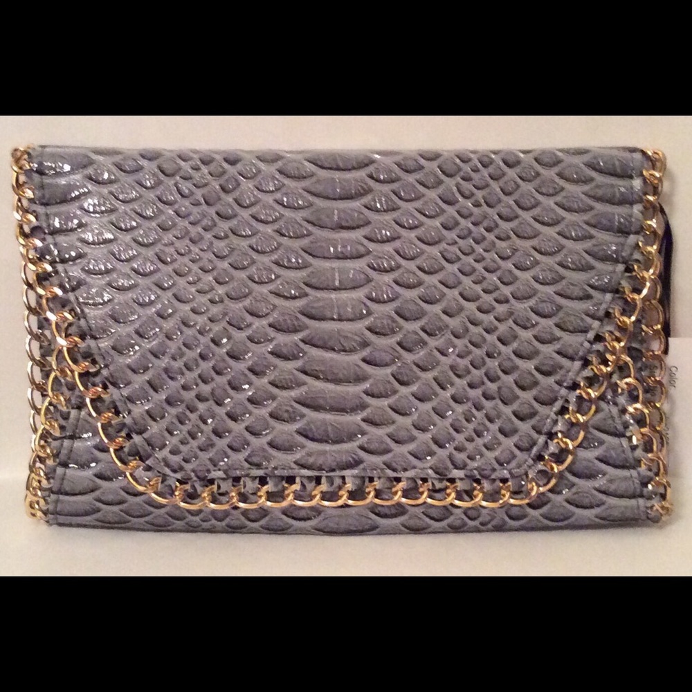 Grey faux snakeskin clutch